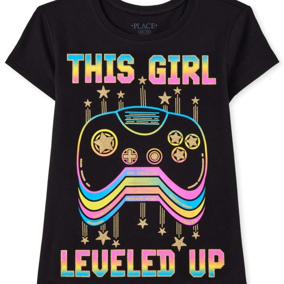 The Childrens Place Girl Level Up Gaming Graphic Tee-Black-Short Sleeve L(10/12) - Picture 1 of 4